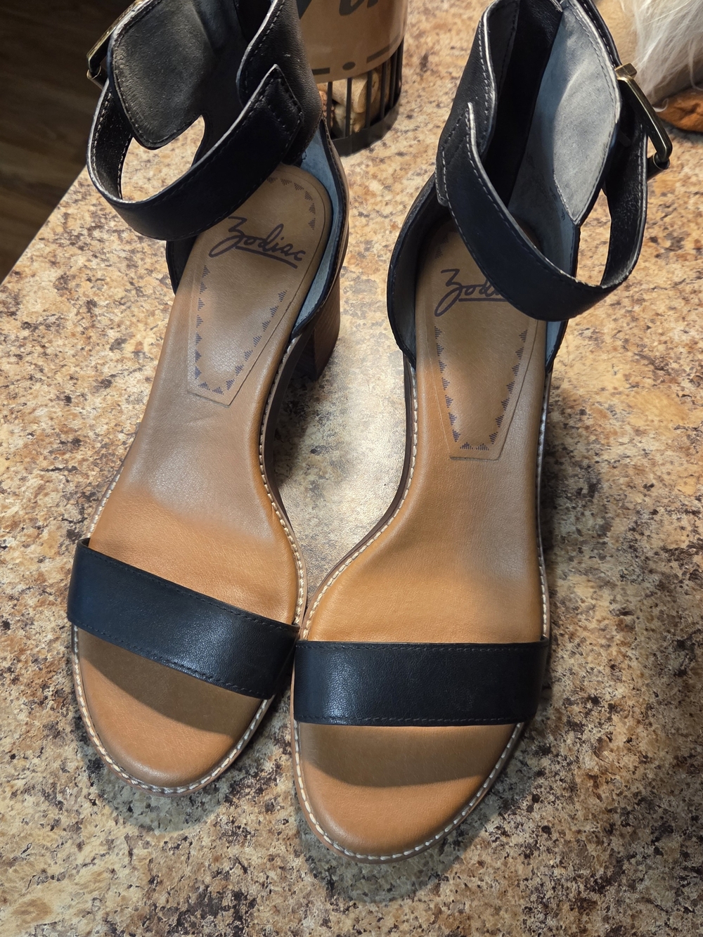 Zodiac Black and Tan Ankle-Strap Block Heel Sandals